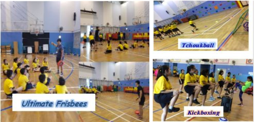 Children in yellow shirts participate in three gym activities: Ultimate Frisbees, Tchoukball, and Kickboxing.